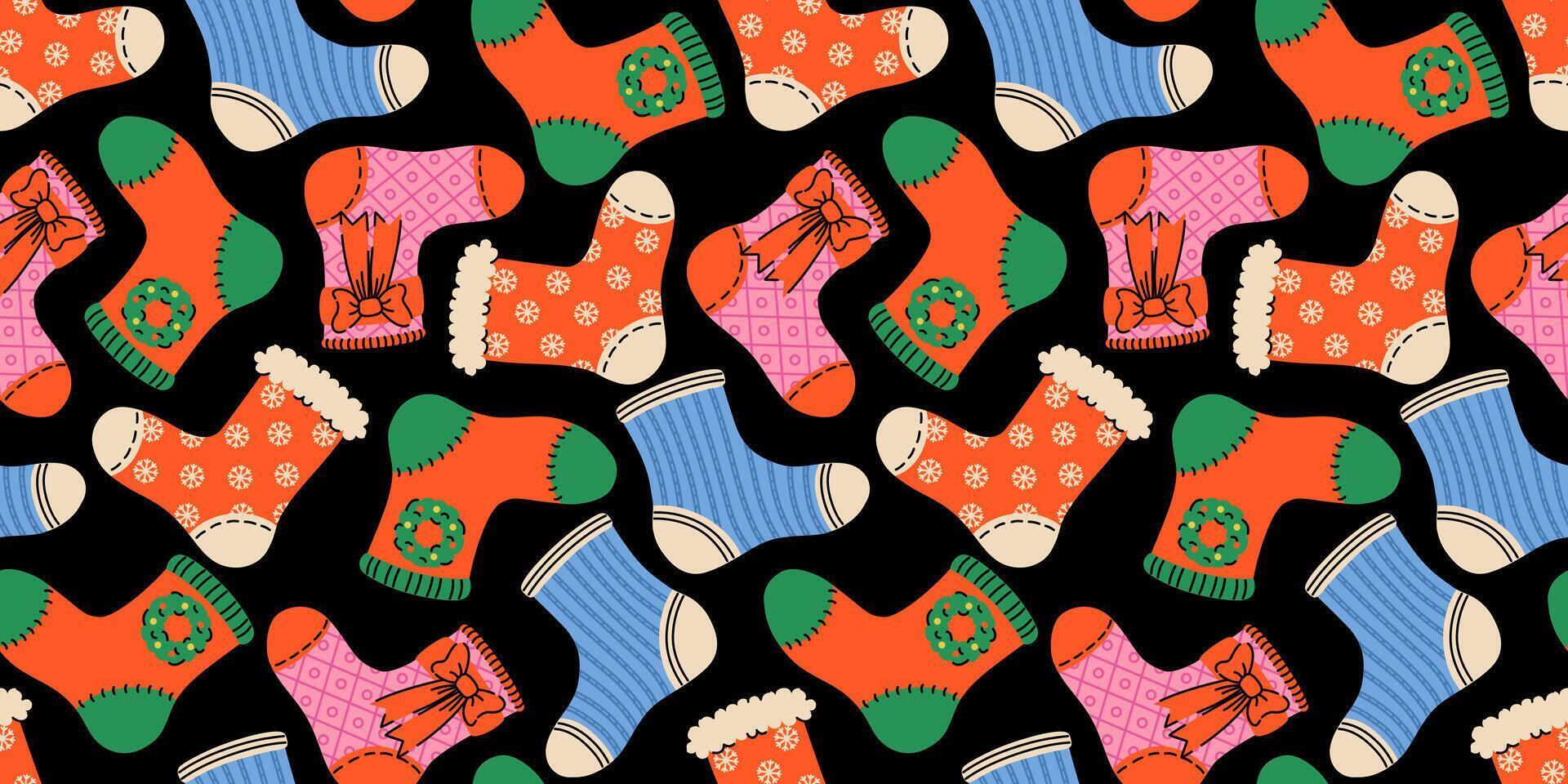 Seamless pattern of festive Christmas socks on a black background. Cozy stockings with snowflakes and holiday motifs. Ideal for winter wrapping paper, textiles, seasonal decor, and festive designs. vector