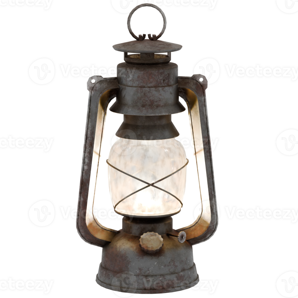 3d render vintage querosene lanterna luz com transparente fundo png