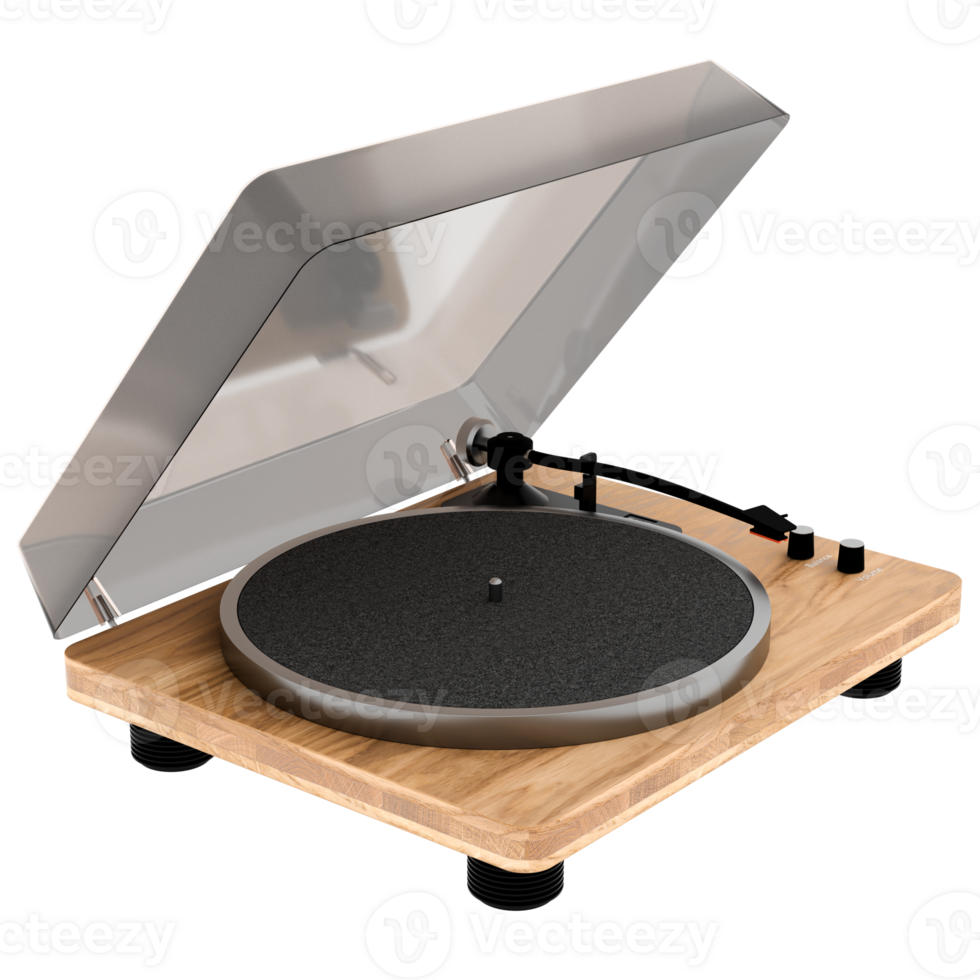 Render wooden turntable vinyl record player with transparent background png