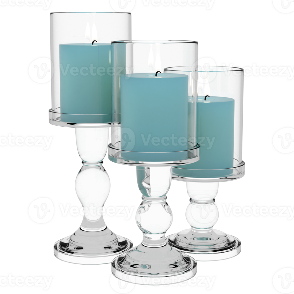 3d render glass candle holders blue candles with transparent background png