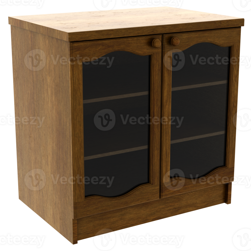 3d render wooden cabinet glass doors with transparent background png
