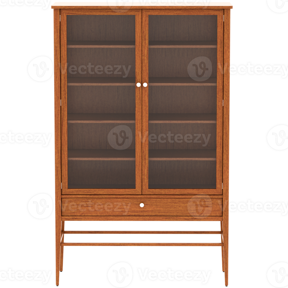 3d render glass display cabinet with shelves with transparent background png