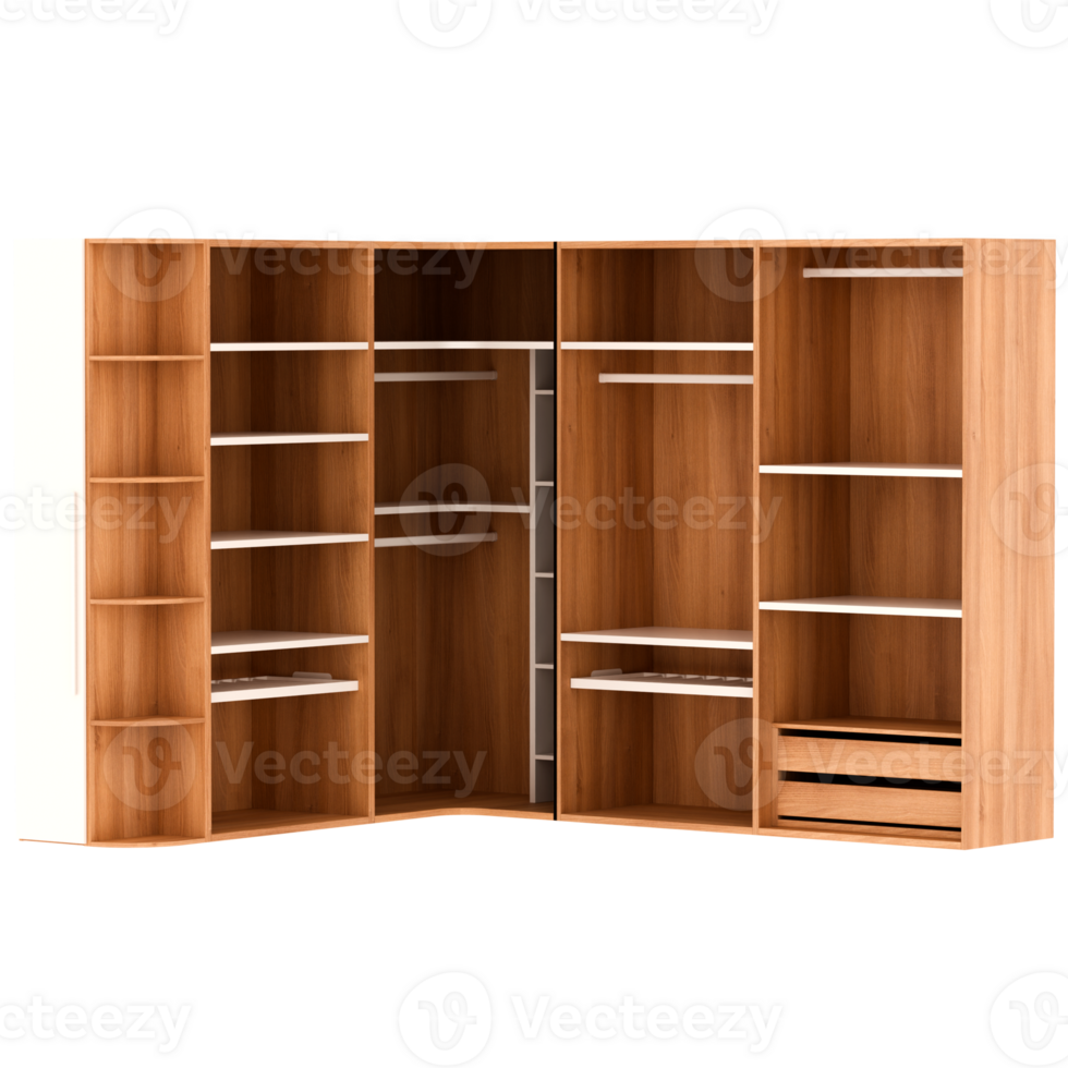 Render wooden closet wardrobe organizer with transparent background png