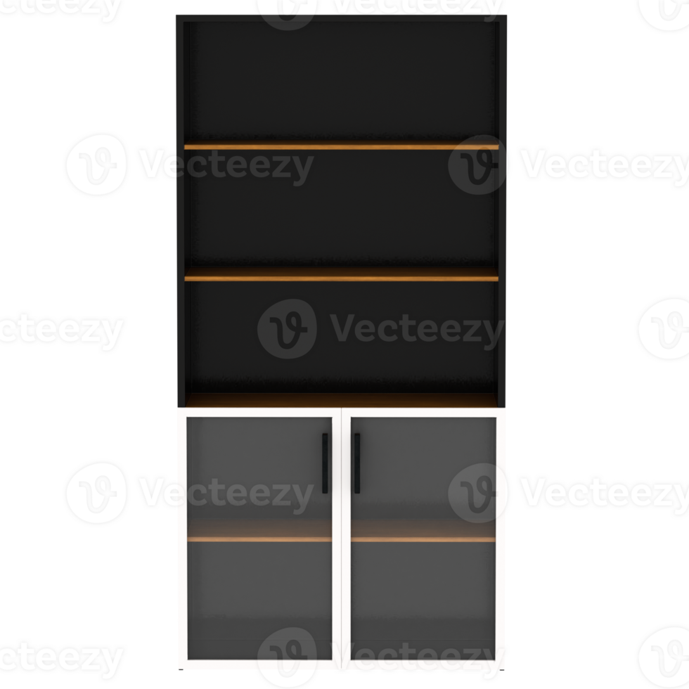 Render black bookshelf wood shelves glass doors with transparent background png