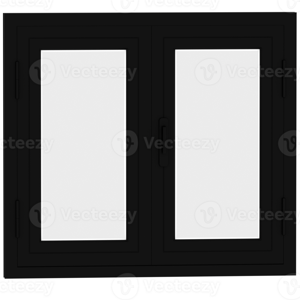 Render modern black double casement window with transparent background png