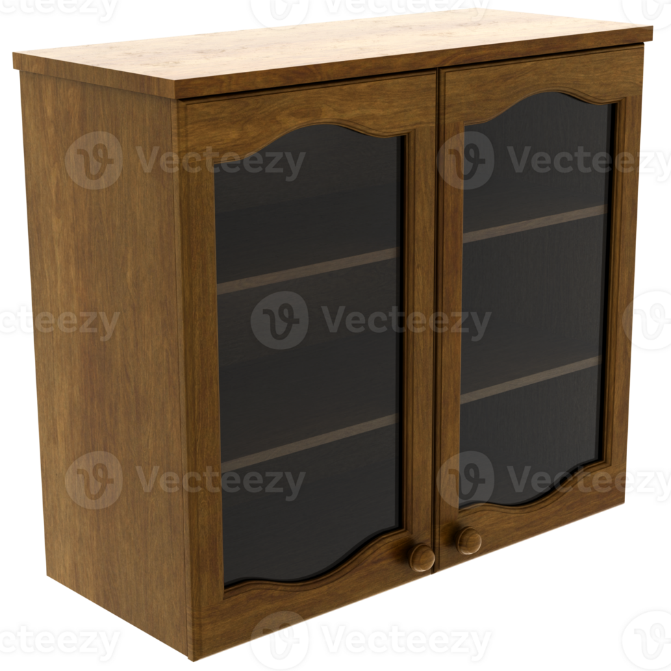 3d render upper wooden glass cabinet with transparent background png