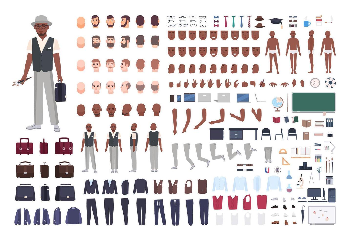 African American school art teacher creation set. Collection of male body parts in different poses, clothes isolated on white background. Front, side, back views. Flat cartoon illustration. vector