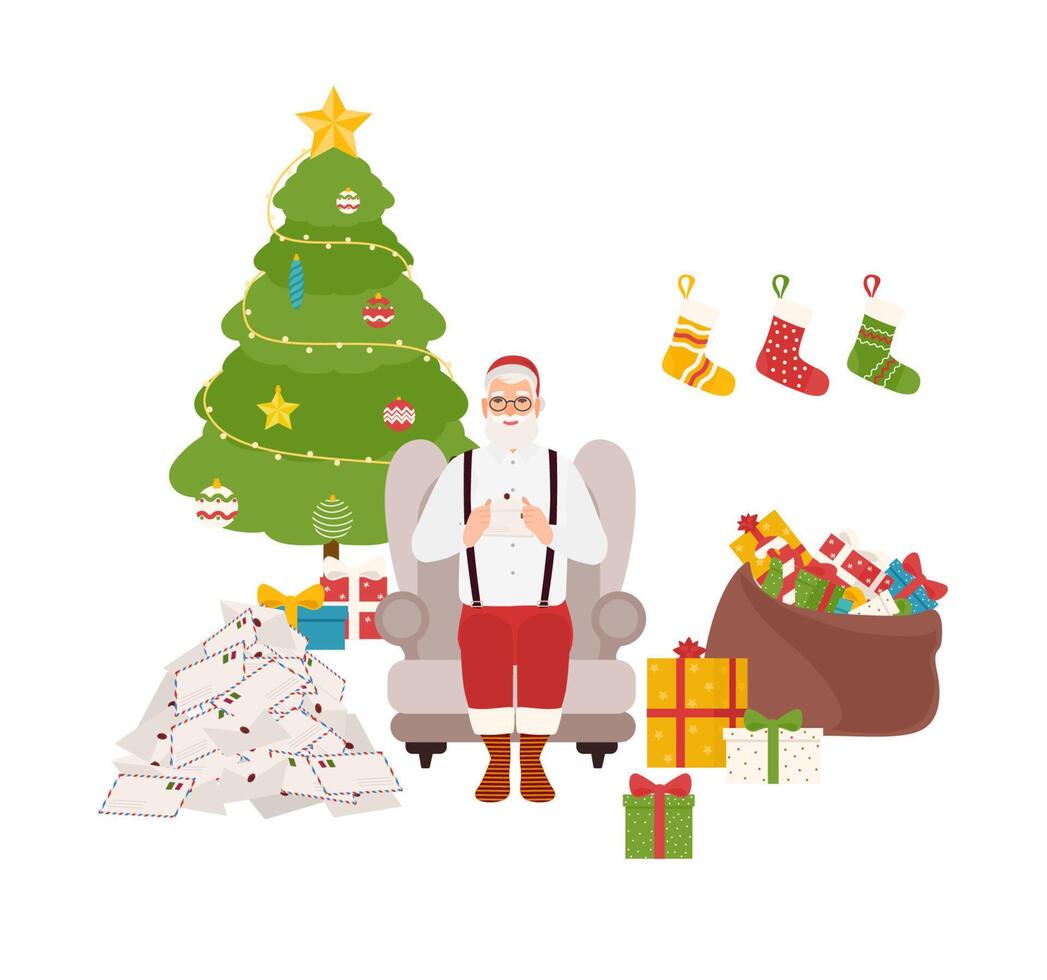 Smiling Santa Claus sitting in comfy armchair beside decorated Christmas tree and bag full of gifts and reading kids' letters. Bright colored holiday illustration in flat cartoon style. vector