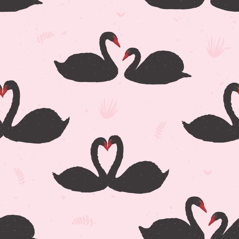 Seamless pattern with black swans floating in pond or lake among water plants. Backdrop with wild birds or waterfowl. Flat colorful cartoon illustration for fabric print, wrapping paper. vector