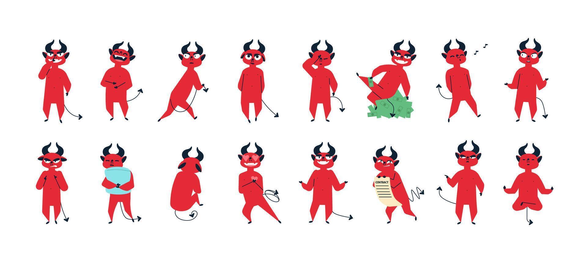 Collection of funny devil in different postures isolated on white background. Set of cute adorable demon expressing various emotions. Colorful illustration in flat cartoon style. vector