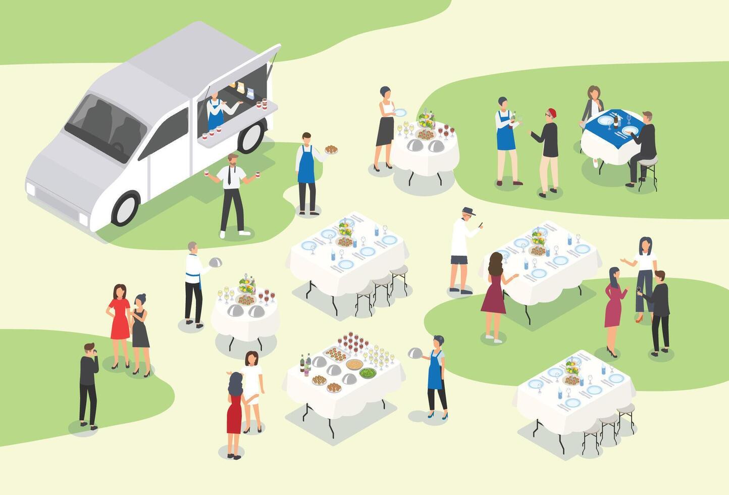 People providing catering at formal event or occasion. Group of food service workers setting tables, working at bar, carrying meals and serving guests. Modern colorful isometric illustration. vector