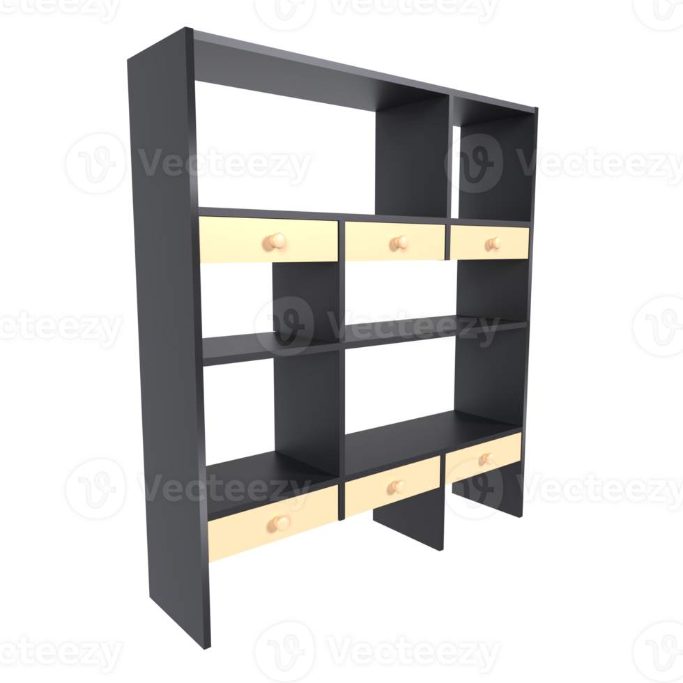 Modern wooden shelving unit with drawers isolated on transparent png