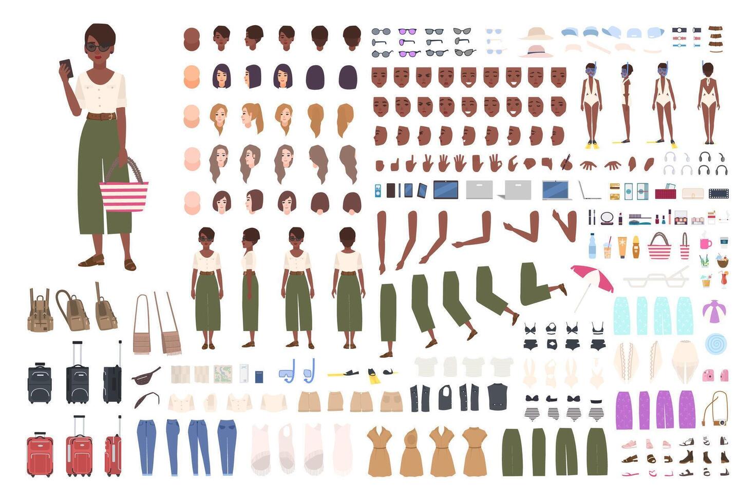 African American traveler woman animation kit. Collection of female tourist body parts, gestures, touristic tools isolated on white background. Front, side and back views. Cartoon illustration. vector