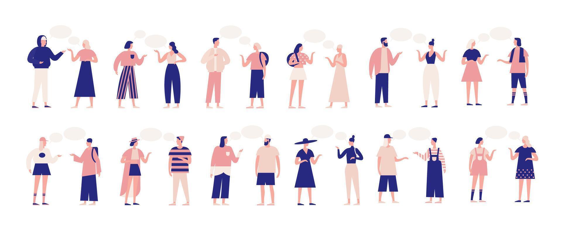Bundle of people talking or speaking to each other. Collection of chatting men and women with speech bubbles isolated on white background. Colorful illustration in flat cartoon style. vector