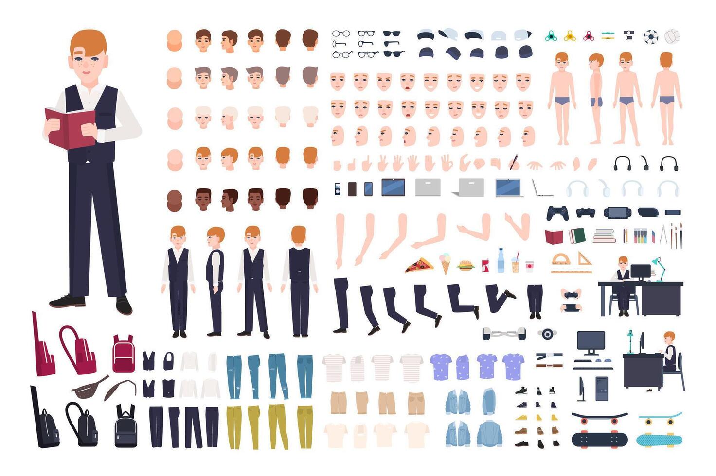 Redhead pupil animation or DIY kit. Collection of school boy body elements, gestures, postures, facial expressions, clothes isolated on white background. Colored illustration in flat style. vector