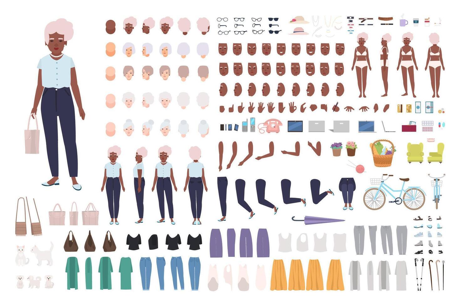Elegant old lady or granny animation set. Bundle of female body parts in different poses, facial expressions, haircuts, stylish clothes isolated on white background. Flat cartoon illustration. vector