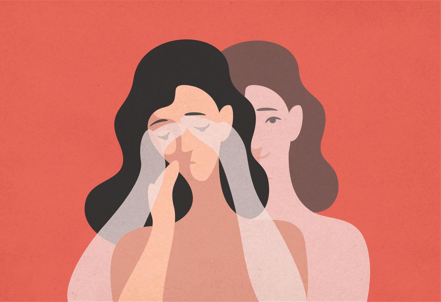 Sad young woman with lowered head and her ghostly twin standing behind and covering her eyes with hands. Concept of self-deception, reality denial, rationalization. Modern flat illustration. vector
