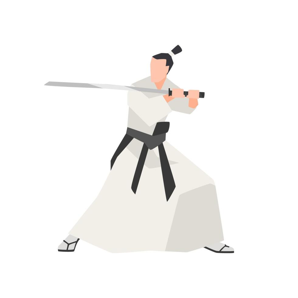 Samurai knight isolated on white background. Fearless ancient Japanese hero wearing kimono, standing in attack pose and holding traditional katana sword. illustration in flat cartoon style. vector