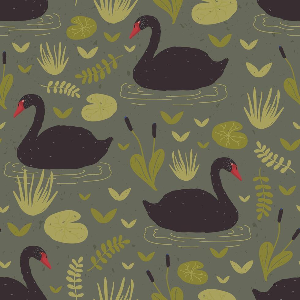 Colorful seamless pattern with gorgeous wild black swans floating in marsh or swamp among water plants. illustration in flat cartoon style for wrapping paper, textile print, wallpaper. vector