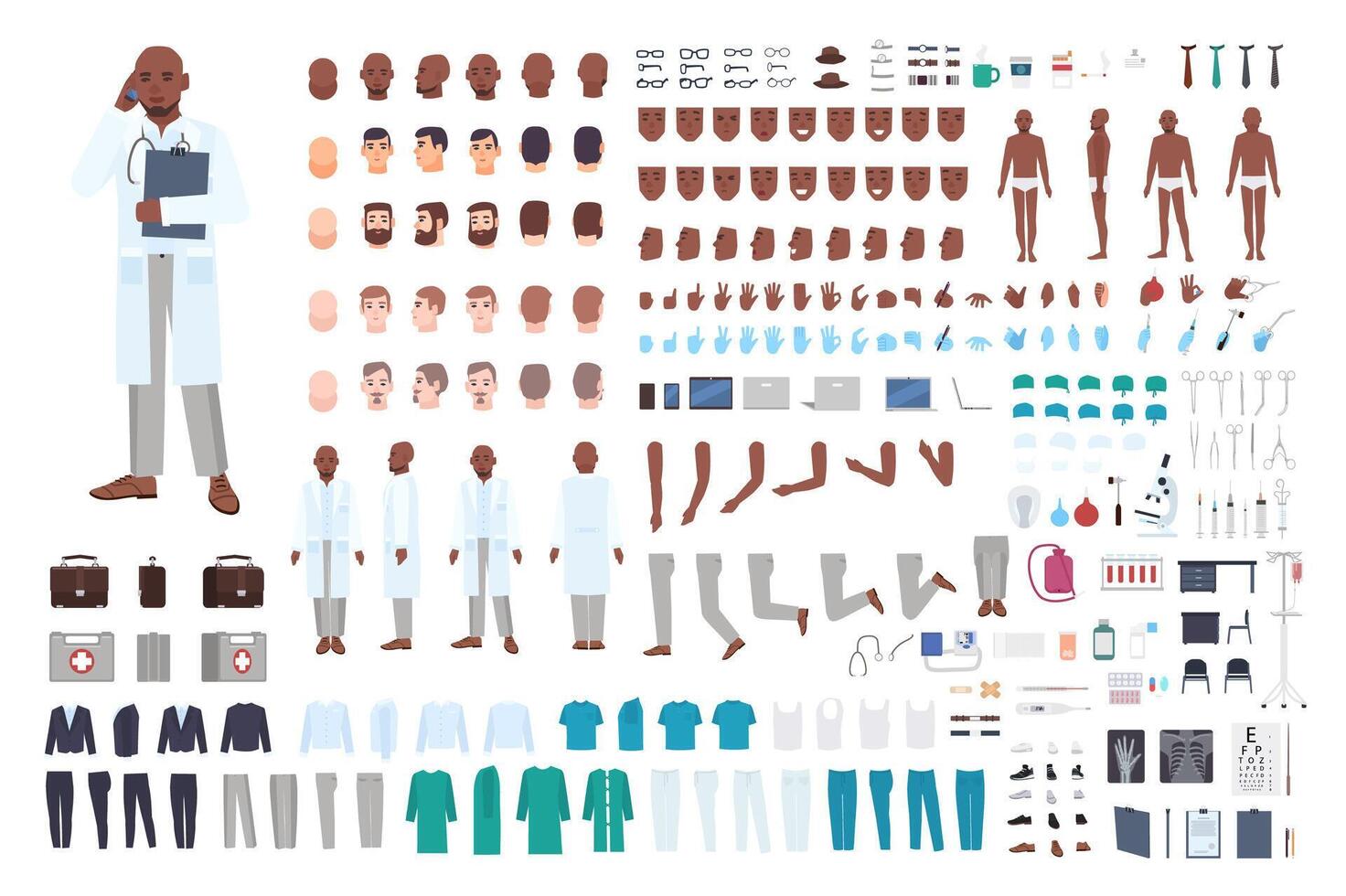 African American male doctor or physician constructor set or DIY kit. Bundle of body parts in different poses, uniform isolated on white background. Front, side and back views. illustration. vector