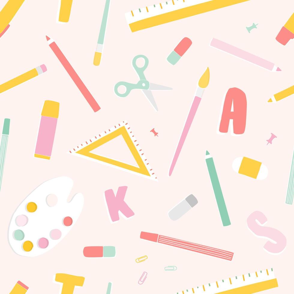 Bright colored seamless pattern with school supplies or stationery, letters scattered on light background. Modern illustration in trendy flat style for fabric print, backdrop, wrapping paper. vector