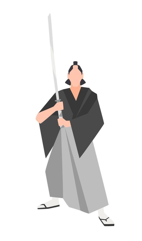 Brave samurai warrior isolated on white background. Courageous Japanese historical character wearing kimono and holding traditional katana sword. illustration in flat cartoon style for logo. vector