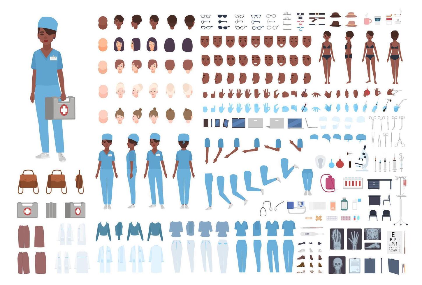 African American female paramedic or nurse constructor. Set of woman's body details, gestures, scrubs isolated on white background. Front, side and back views. Flat cartoon illustration. vector