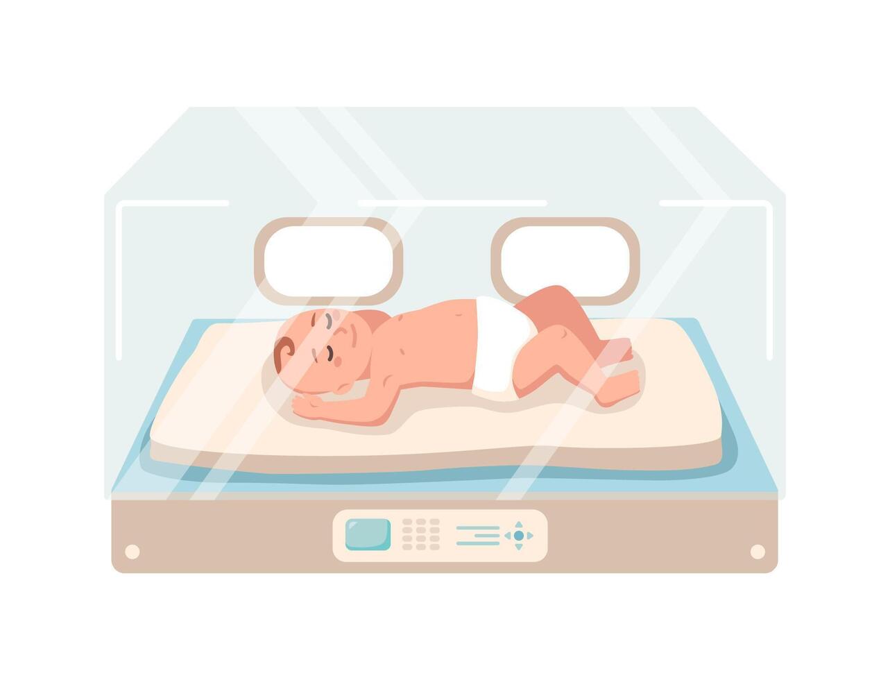 Newborn infant lies inside neonatal intensive care unit isolated on white background. Premature child sleeping in glass incubator box. Baby nursery. Colorful illustration in flat cartoon style vector