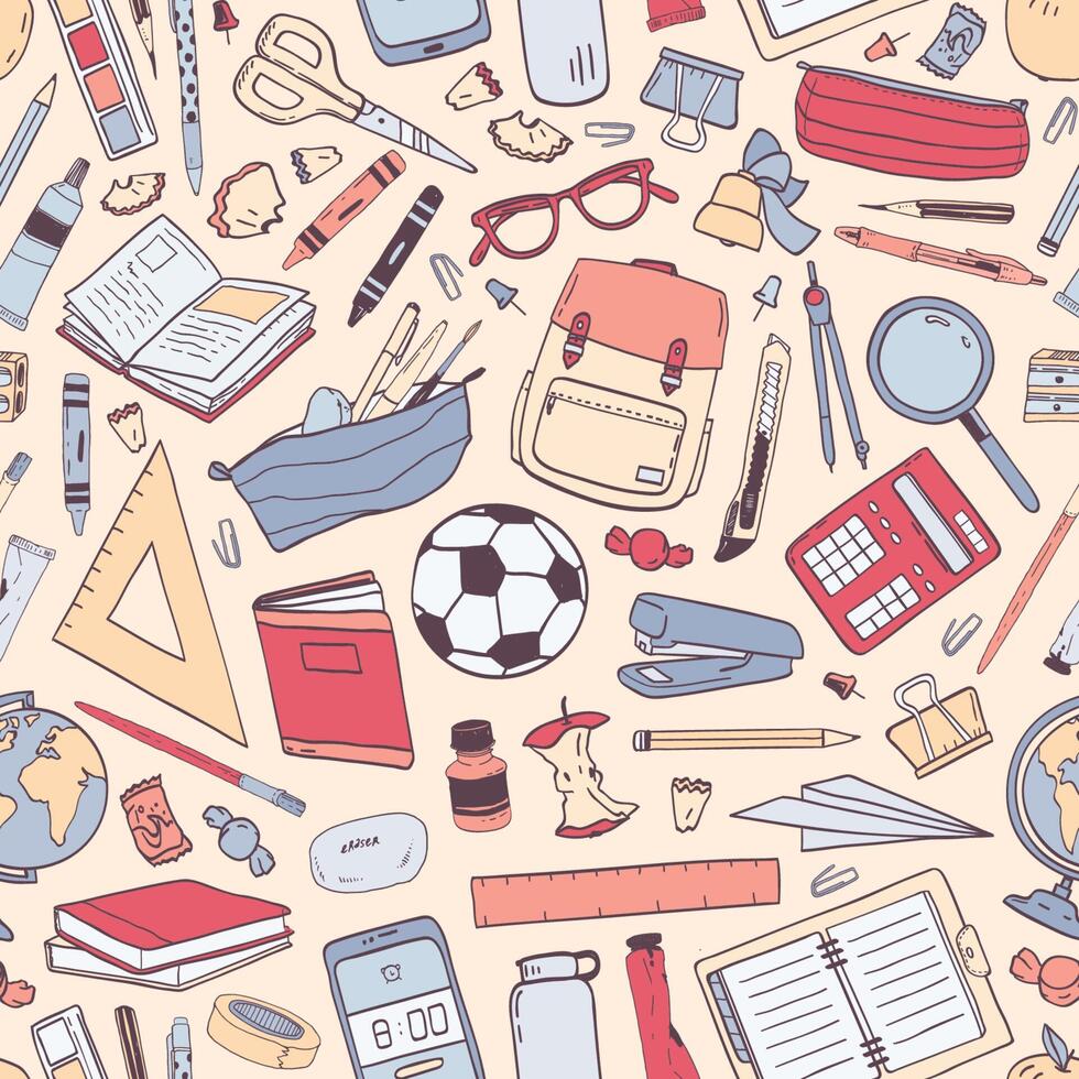 Back To School seamless pattern with education supplies or stationery on light background. Colorful hand drawn illustration in realistic style for wrapping paper, wallpaper, backdrop. vector