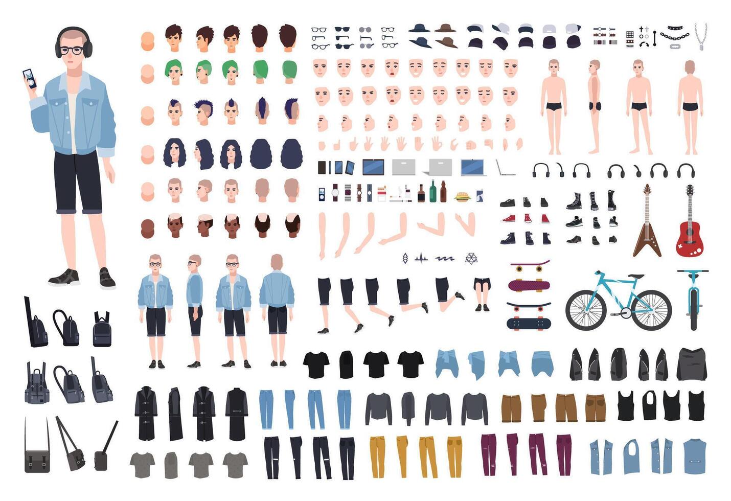 Young teenage boy DIY kit. Set of teenager's body parts in different positions, various subcultures' attributes, clothes and accessories isolated on white background. Cartoon illustration. vector