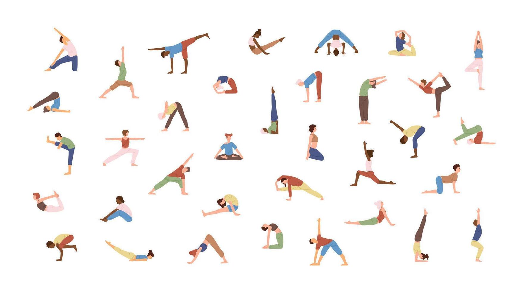 Crowd of tiny people performing yoga exercises. Men and women practicing Asana isolated on white background. Spiritual practice and physical activity. Flat cartoon colored illustration. vector