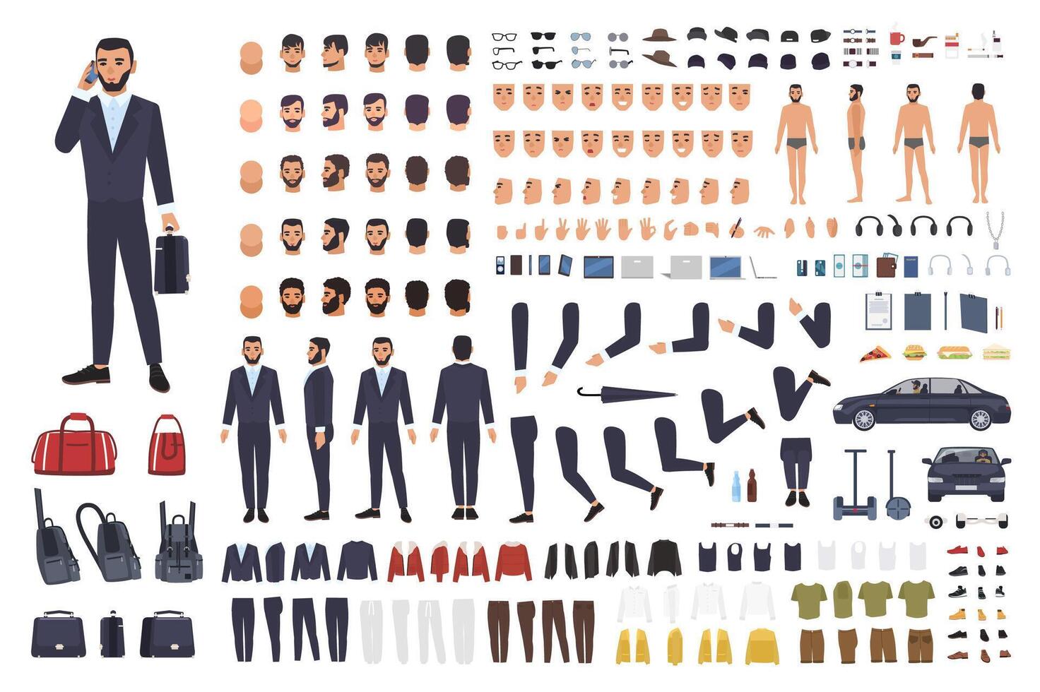 Caucasian businessman or clerk creation set or DIY kit. Bundle of male cartoon character body parts, office clothes, faces isolated on white background. Colorful illustration in flat style. vector