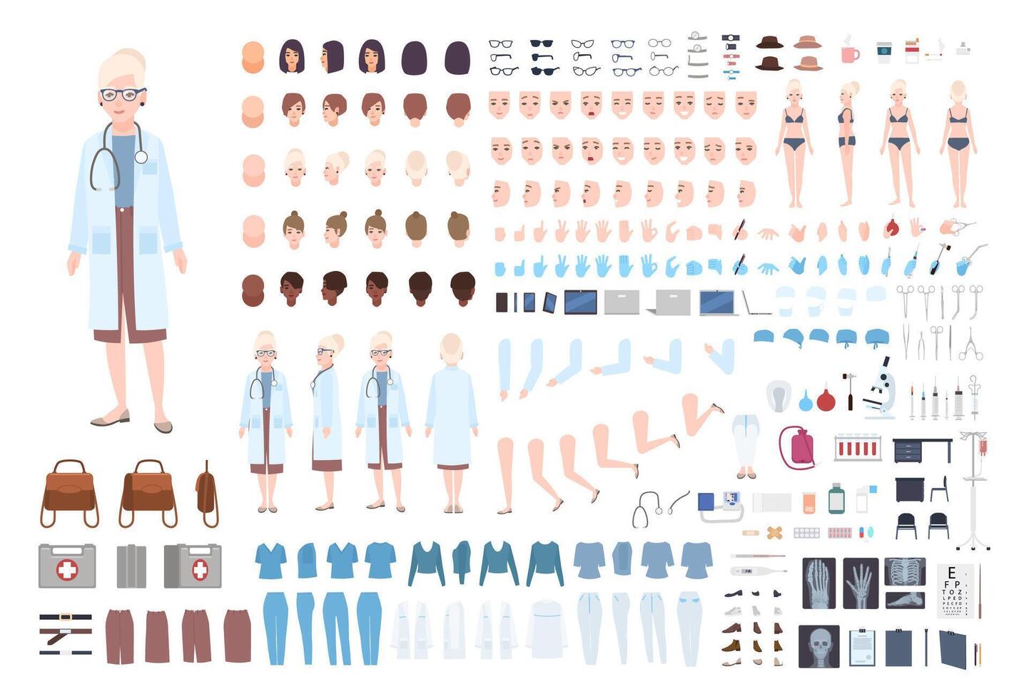 Female doctor, therapist or surgeon DIY kit. Bundle of woman's body parts, uniform, medical tools and equipment isolated on white background. Front, side and back views. Cartoon illustration. vector