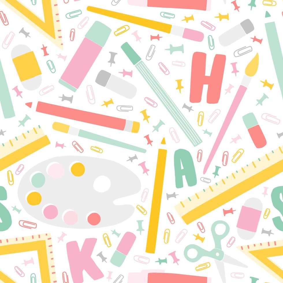 Decorative Back To School seamless pattern with education supplies and alphabet letters scattered on white background. Motley illustration in trendy flat style for textile print, backdrop. vector