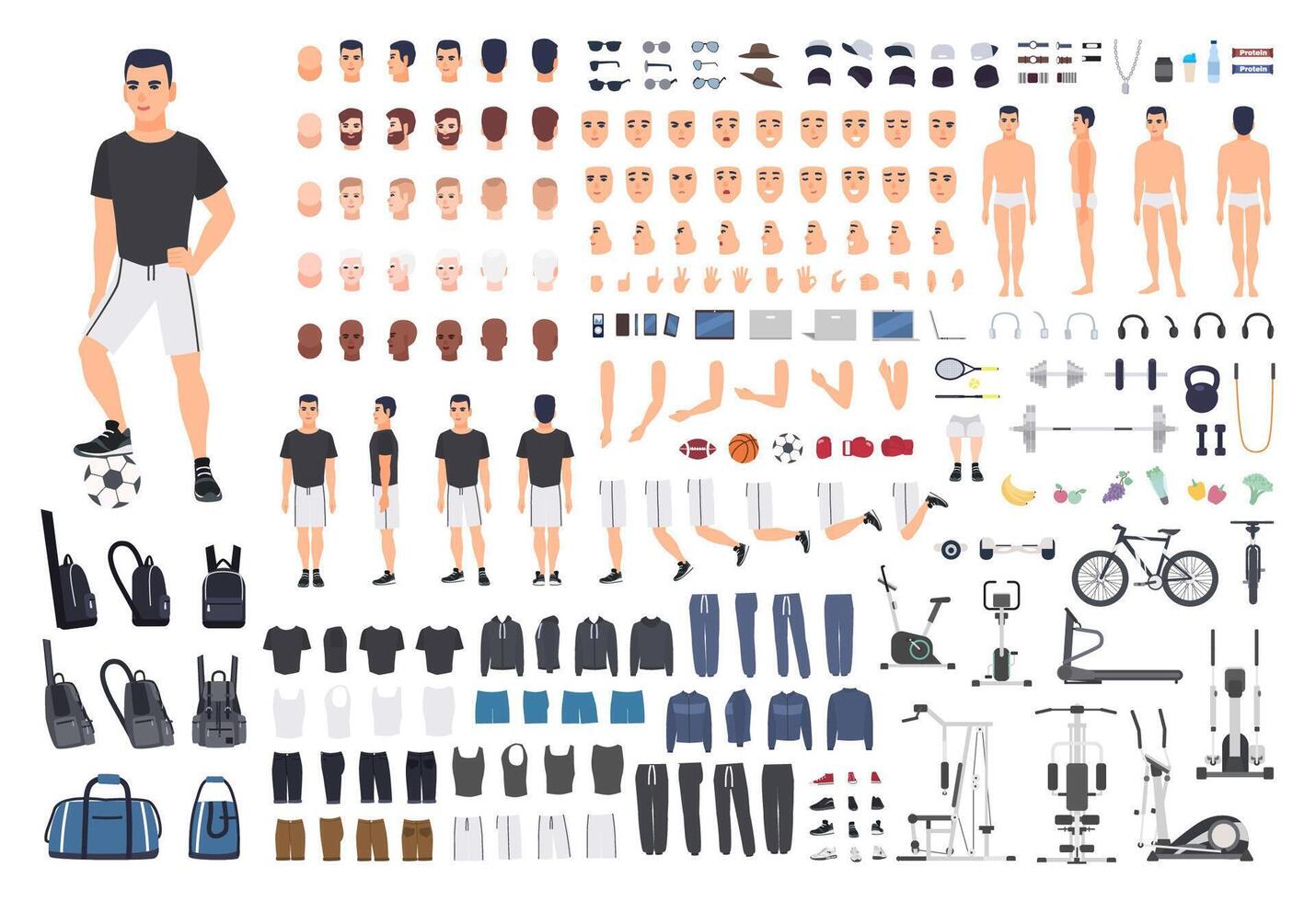 Football or soccer player creation kit. Bundle of man's body parts, poses, sports clothes, exercise machines isolated on white background. Front, side and back views. Cartoon illustration. vector