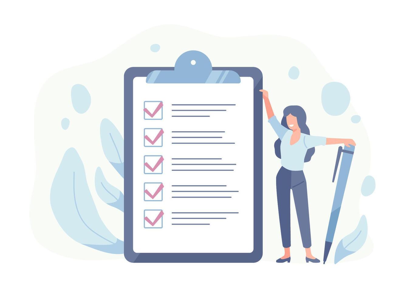 Happy woman standing beside giant check list and holding pen. Concept of successful completion of tasks, effective daily planning and time management. illustration in flat cartoon style. vector