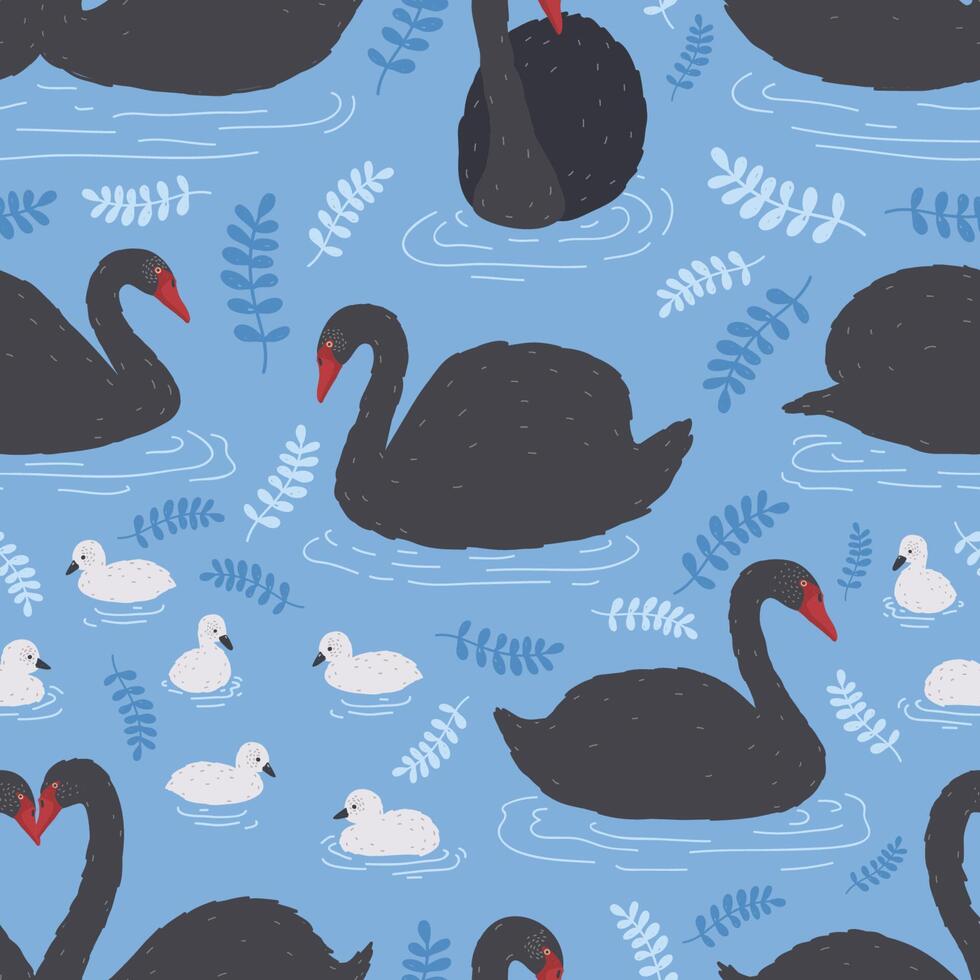 Seamless pattern with flock of black swans and cygnets floating in water, pond or lake. Backdrop with beautiful wild bird or waterfowl. Flat colored cartoon illustration for wrapping paper. vector