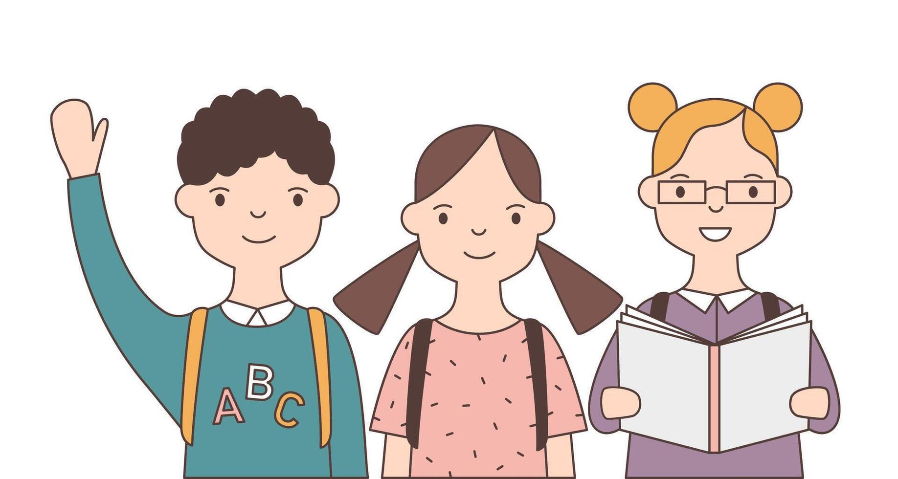 Group of adorable smiling children or pupil isolated on white background. Joyful funny school kids, cute happy classmates or friends. Bright colored illustration in modern line art style. vector