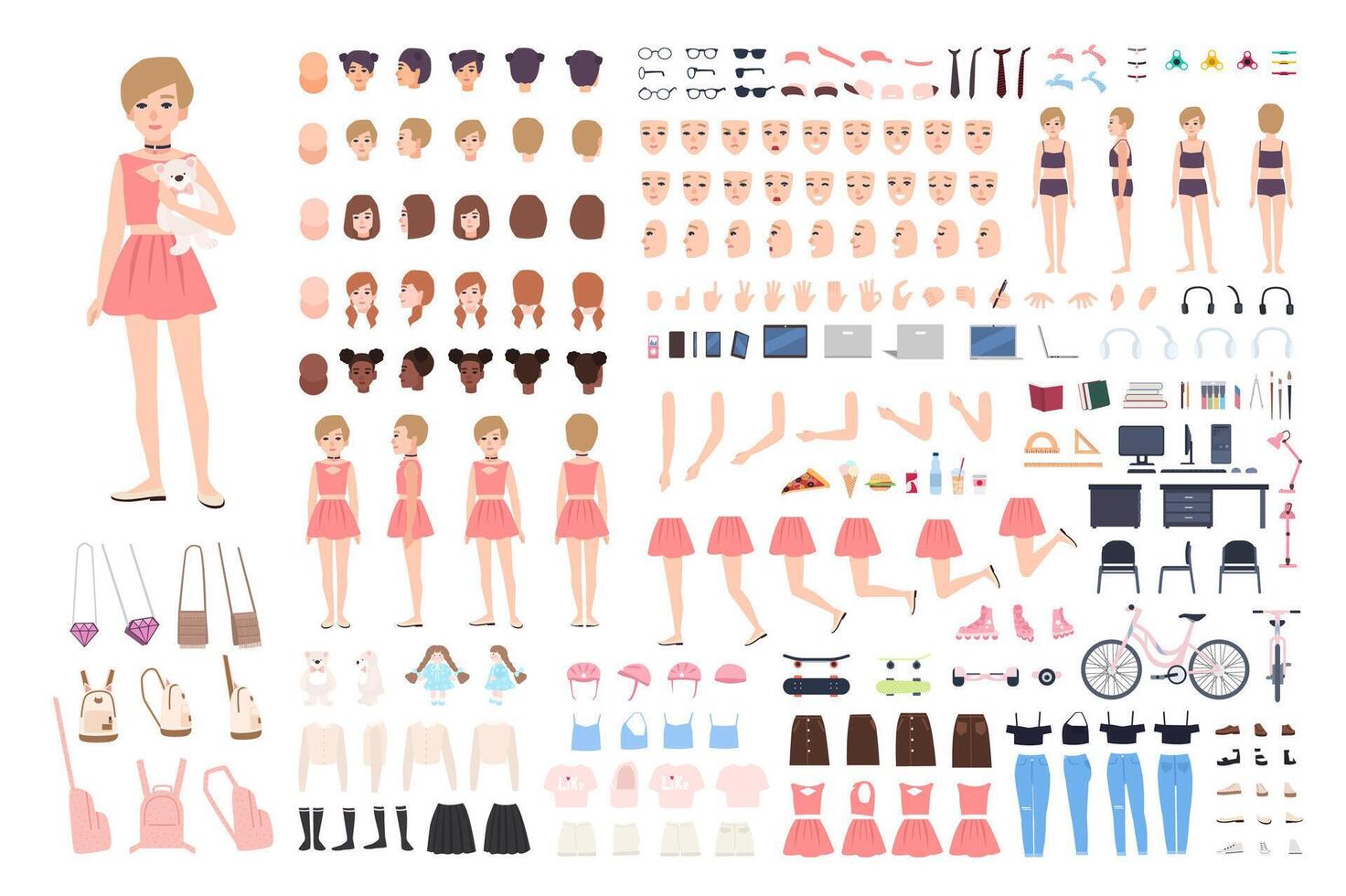 Cute young girl DIY or constructor kit. Bundle of body parts in different postures, facial expressions, girlish clothes and accessories isolated on white background. Flat cartoon illustration. vector