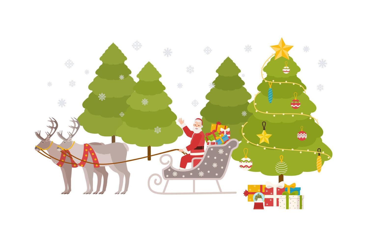Happy Santa Claus sits in sleigh carried by reindeers and rides through snowy forest at Christmas eve to deliver gifts to children. Colorful holiday illustration in flat cartoon style. vector
