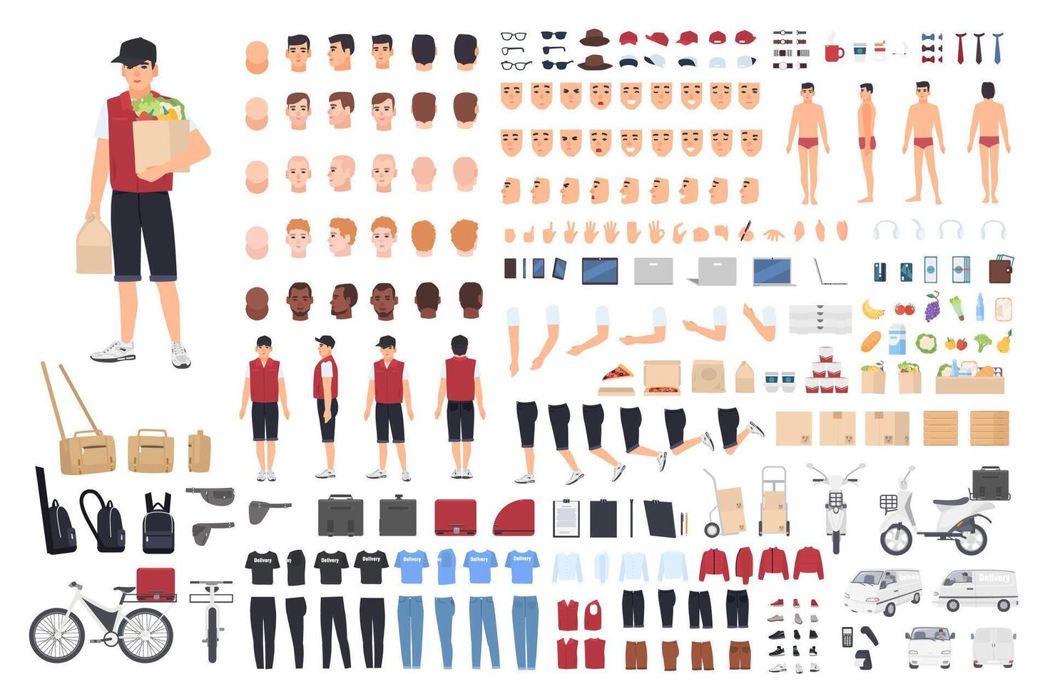 Food delivery guy animation kit or constructor. Set of male cartoon character's body parts in different postures and clothes isolated on white background. Front, side, back views. illustration. vector
