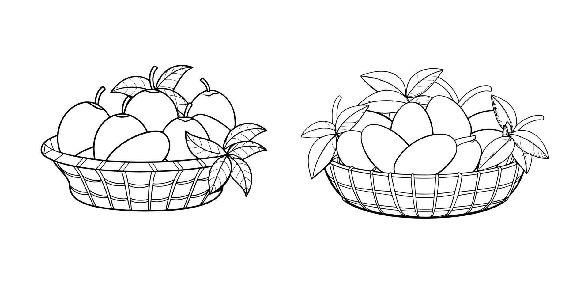 Two baskets of fruit are shown in black and white vector