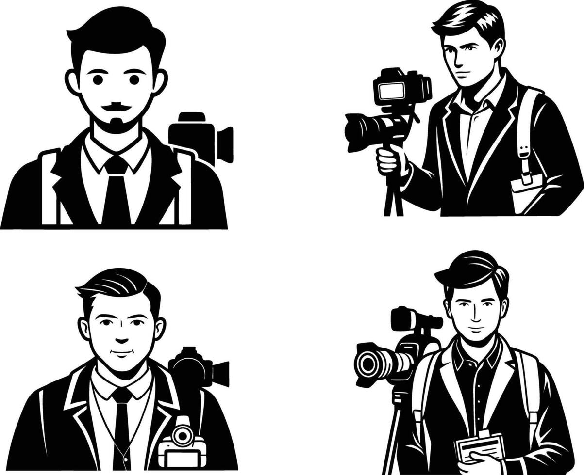 Four black and white images of a man with a camera vector