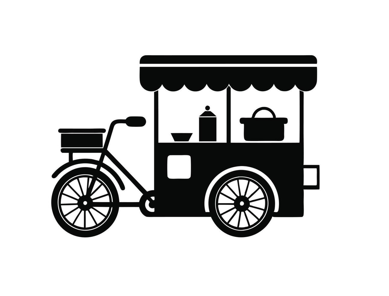 A black and white illustration of a bicycle with a food cart vector