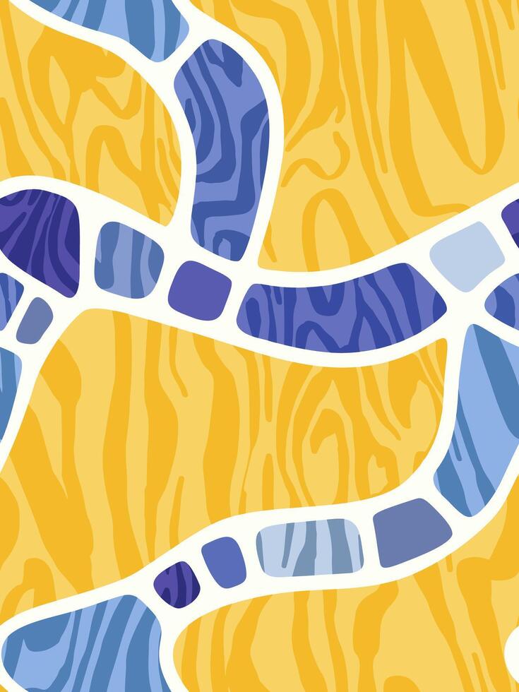 Vibrant summer stained glass pattern with flowing white lines and yellow and blue color palette vector