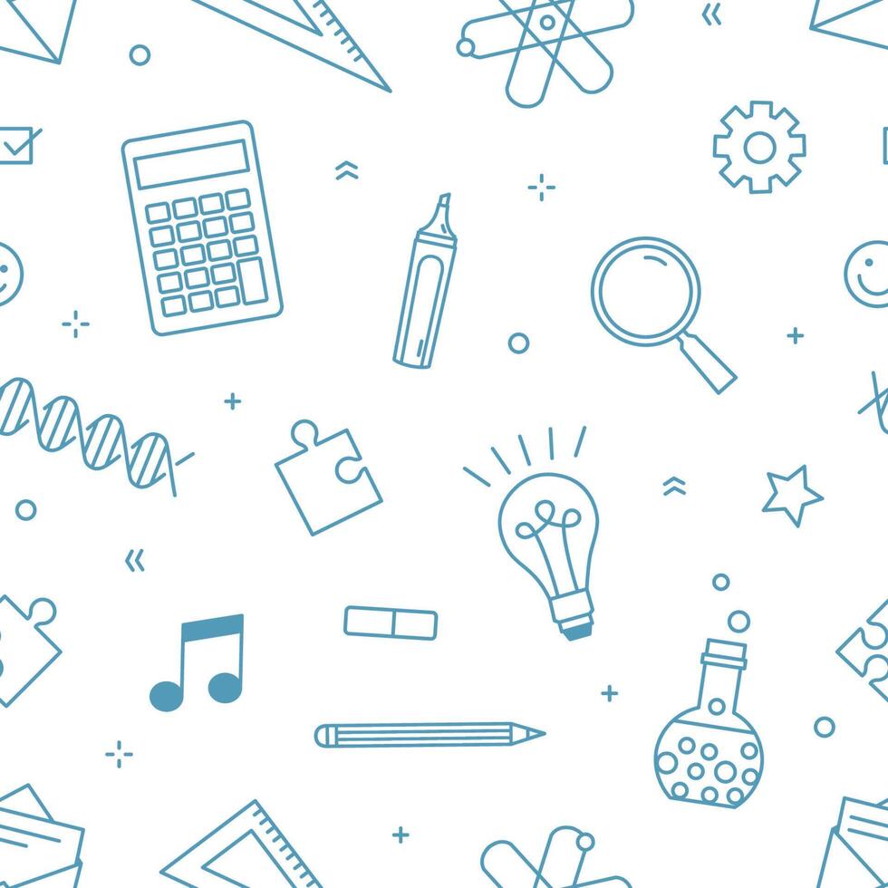 Modern seamless pattern with supplies for school, college or university education and scientific research drawn with contour lines on white background. Monochrome illustration in linear style. vector