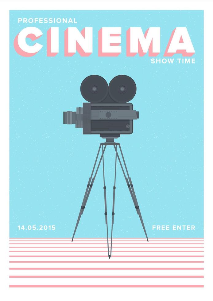 Creative poster, flyer or invitation template for professional cinema show time or motion picture premiere with old film camera standing on tripod. Colorful illustration for event promotion. vector