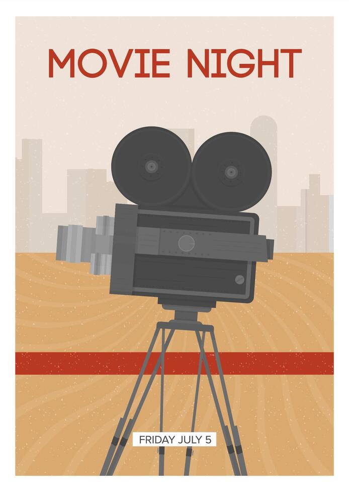 Vertical poster, placard, flyer or invitation template for movie night or motion picture premiere with retro film camera or projector standing on tripod. illustration for event advertisement. vector