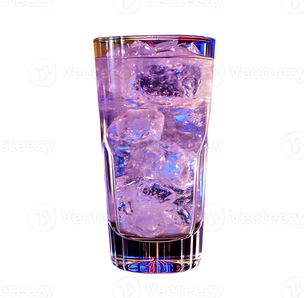 A captivating glass of refreshing sparkling bluish purple drink with ice cubes on a transparent background png