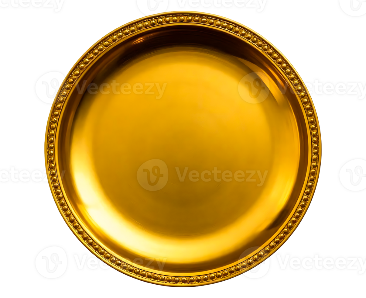 shiny round gold plate for dining decoration, food arrangement perfect for decorative displays, easy integration png